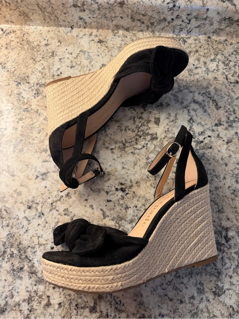kate spade Black Suede Knotted Bow Espadrille Wedge Sandals Tianna Summer Fun